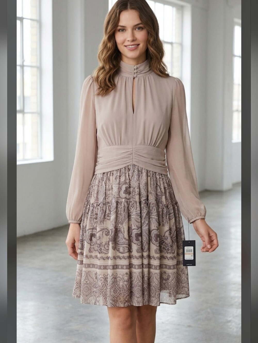 BCBG NWT Chiffon Mock Neck Paisley Mini Dress  Size 12 Romantic Whimsigoth